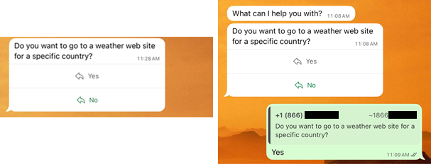 Captura de pantalla de WhatsApp en un dispositivo móvil que muestra la apariencia de la tarjeta adaptable de acciones interactivas.