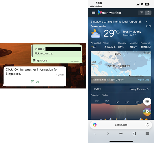 Captura de pantalla de WhatsApp en un dispositivo móvil que muestra el aspecto de la tarjeta adaptable de Open URL.