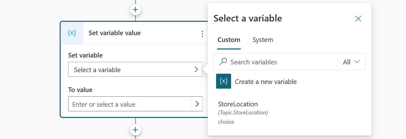 Captura de pantalla del nodo de variables en Copilot Studio