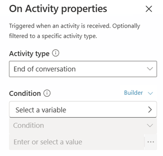 Captura de pantalla de un nodo Desencadenador configurado sin condiciones cuando el tipo de actividad está establecido en Fin de conversación.