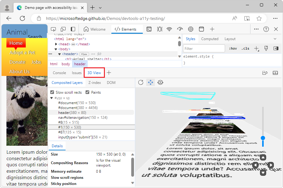 Navegar por las capas de página web, índice z y DOM mediante la herramienta  Vista 3D - Microsoft Edge Development | Microsoft Learn