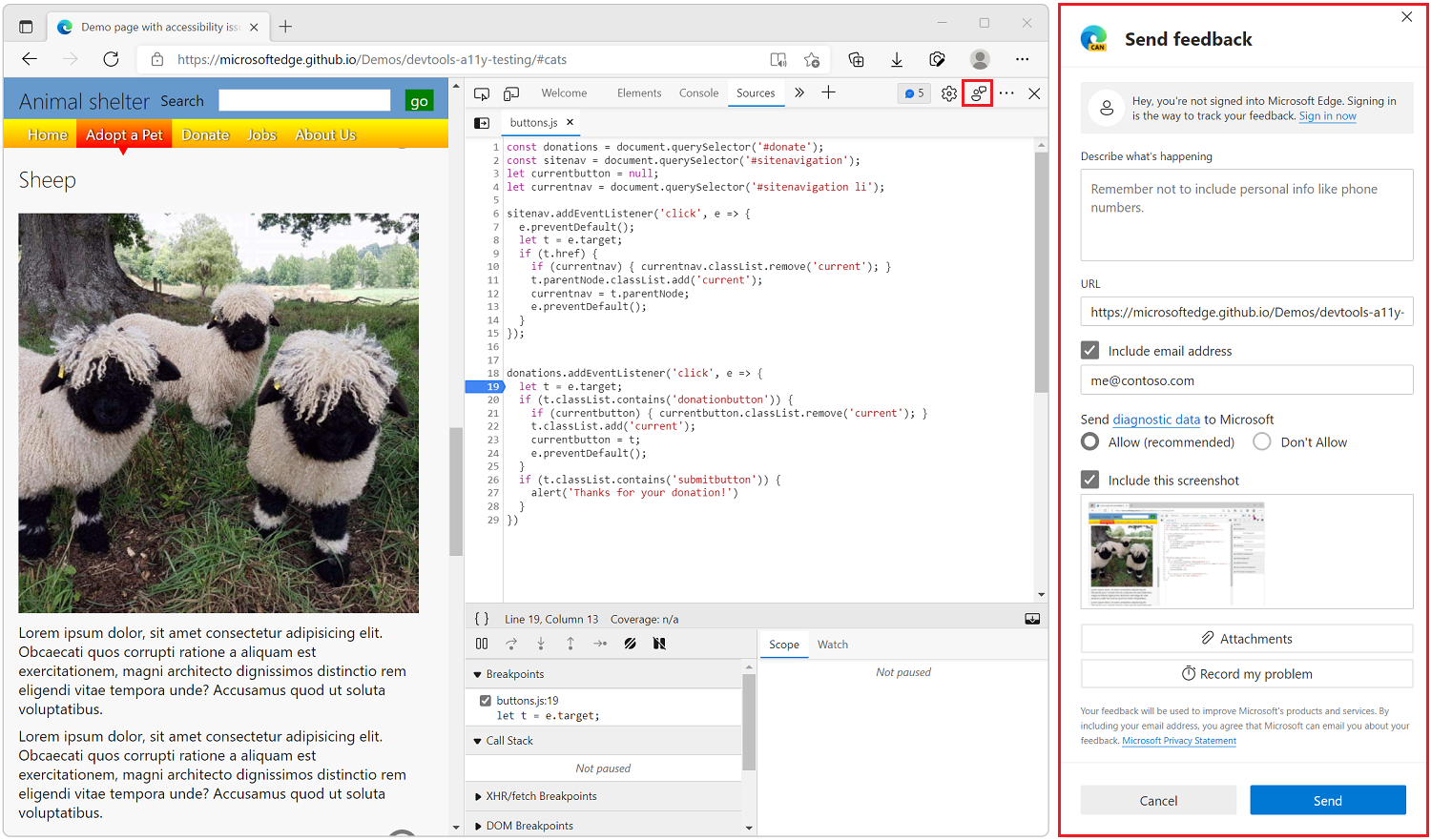 El botón Enviar comentarios y la ventana Enviar comentarios en Microsoft Edge DevTools