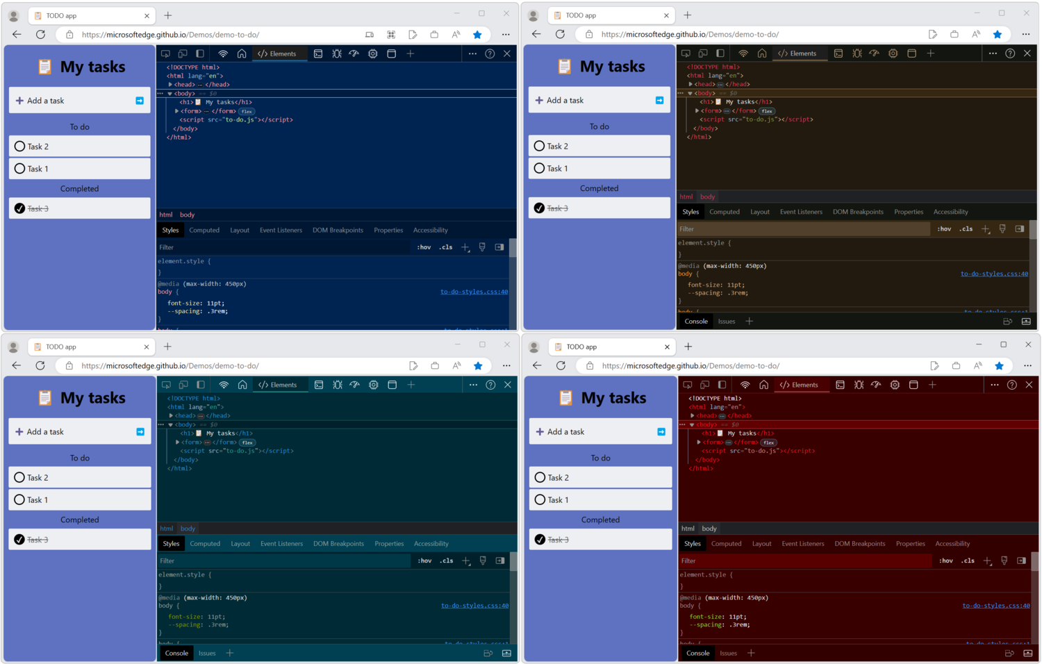 Cuatro ventanas de Microsoft Edge, cada una con DevTools abierto, y cada una con un tema de color de DevTools diferente