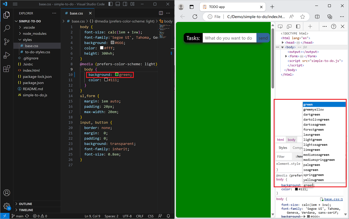 Los cambios en el código de la herramienta Estilos ahora se reflejan en el código fuente de Visual Studio Code