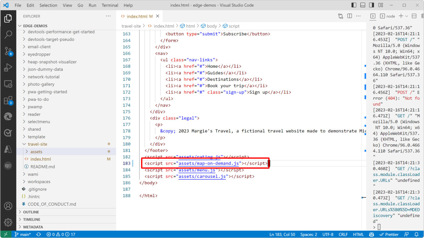 Visual Studio Code, que muestra el código index.html y la nueva etiqueta de script de mapa a petición