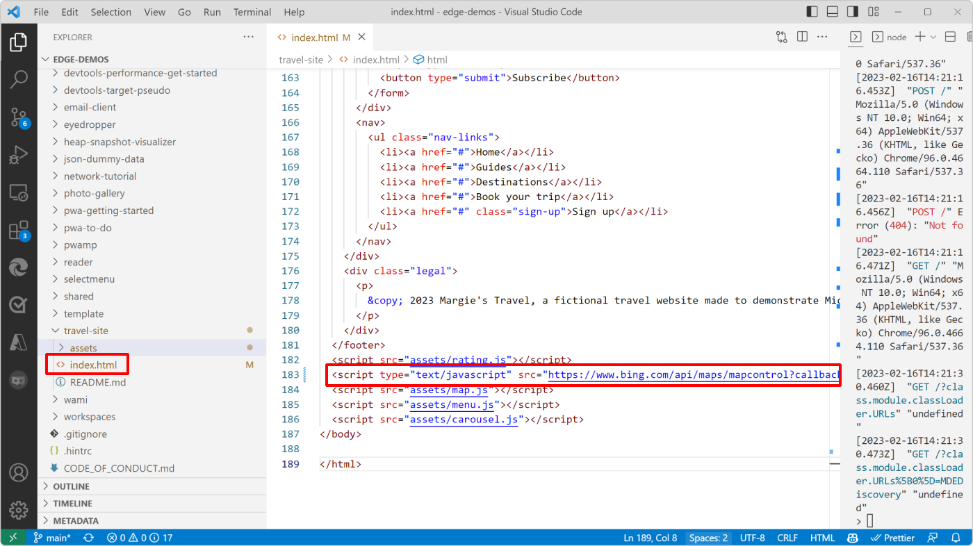 Visual Studio Code, que muestra el código index.html y la etiqueta de script de mapa de Bing