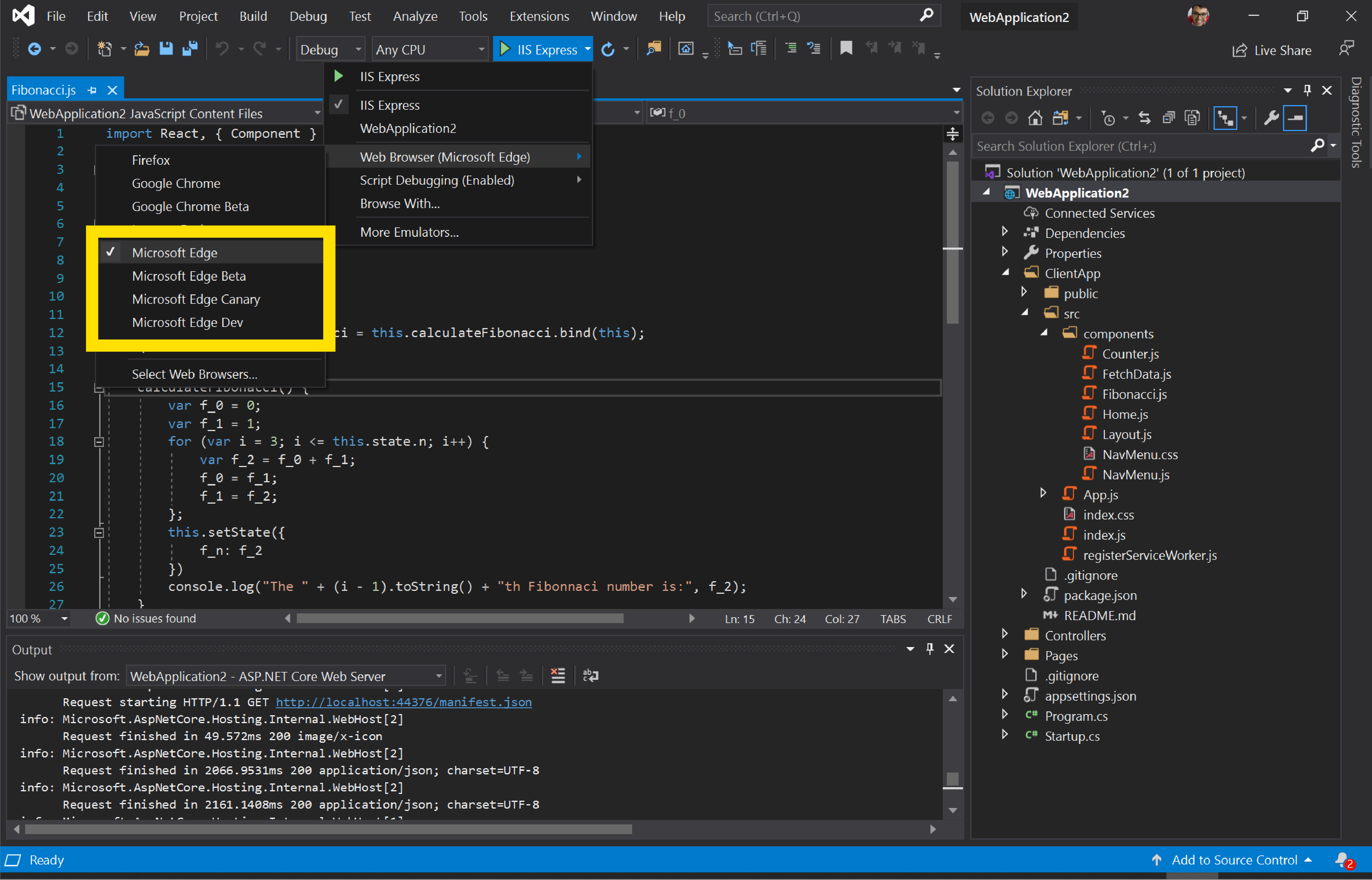 Visual Studio con la opción de iniciar la aplicación web en Microsoft Edge Canary, Dev o Beta