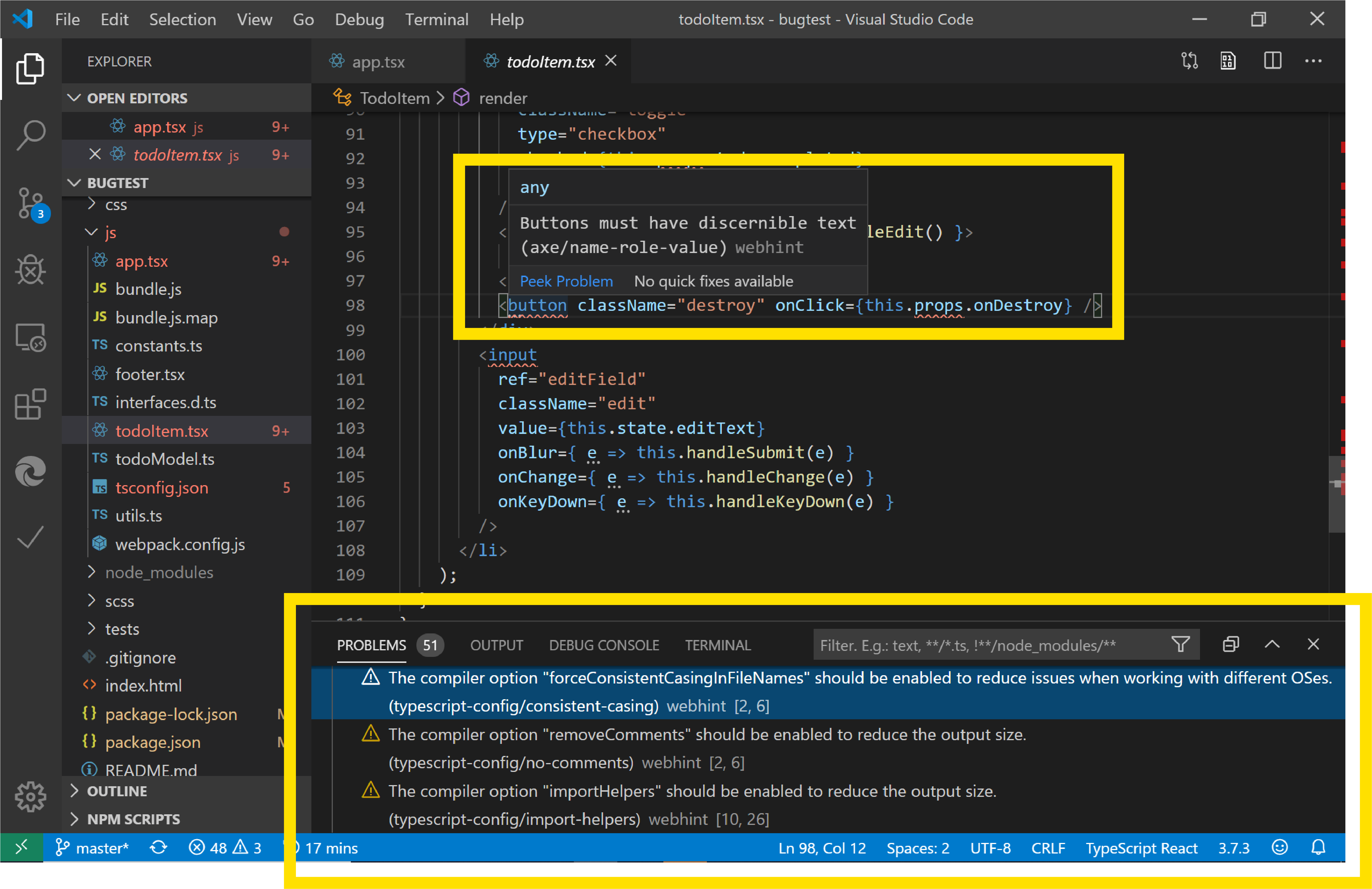 La extensión Visual Studio Code webhint analizando un archivo .tsx en Visual Studio Code