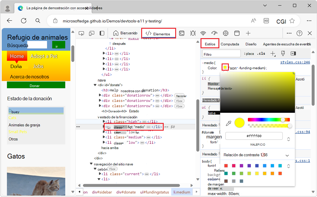 Selector de color, abierto en la pestaña Estilos, junto a la propiedad color del elemento