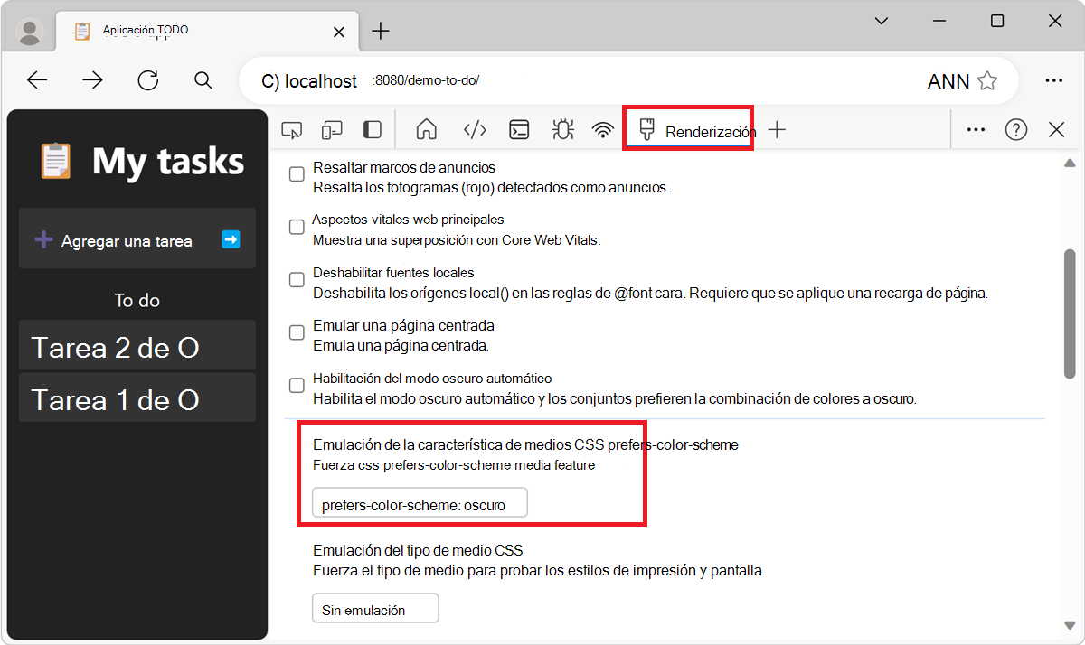 Emulación del modo oscuro o claro mediante la herramienta Representación