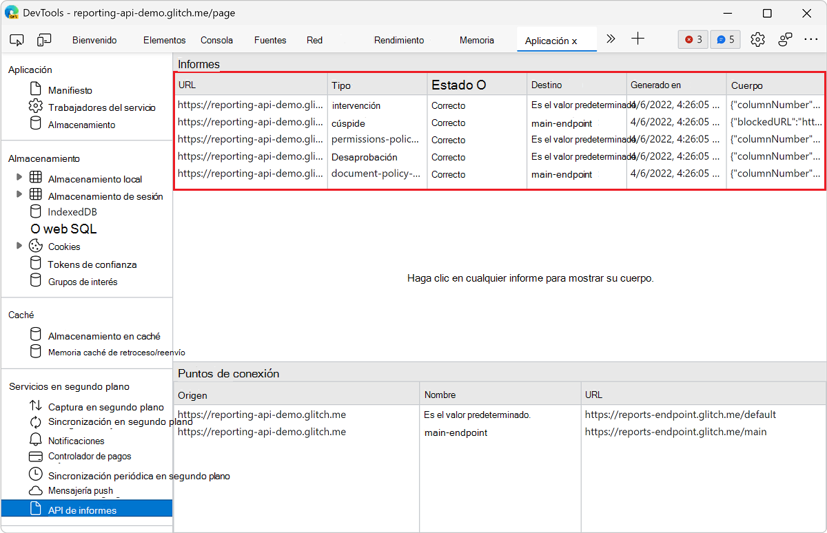 Lista de informes en el panel De la API de informes