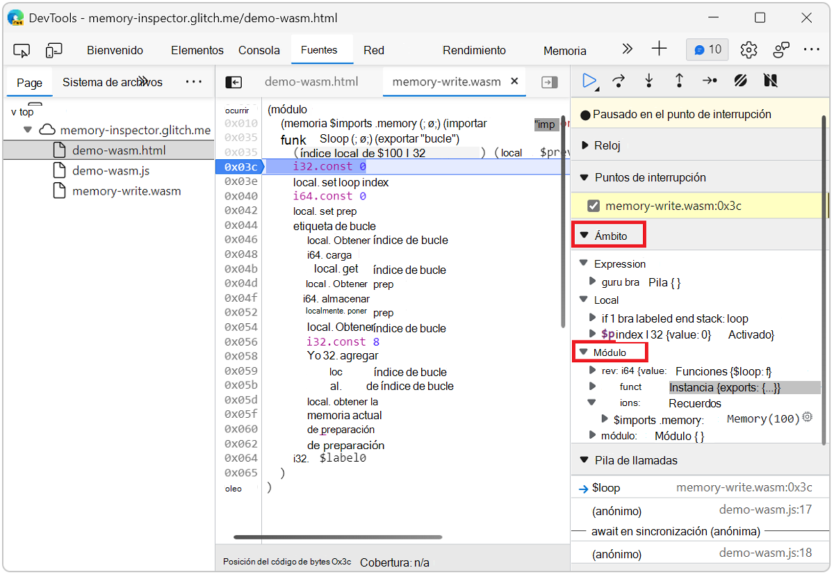 Punto de interrupción del conjunto de inspectores de memoria en el archivo Wasm