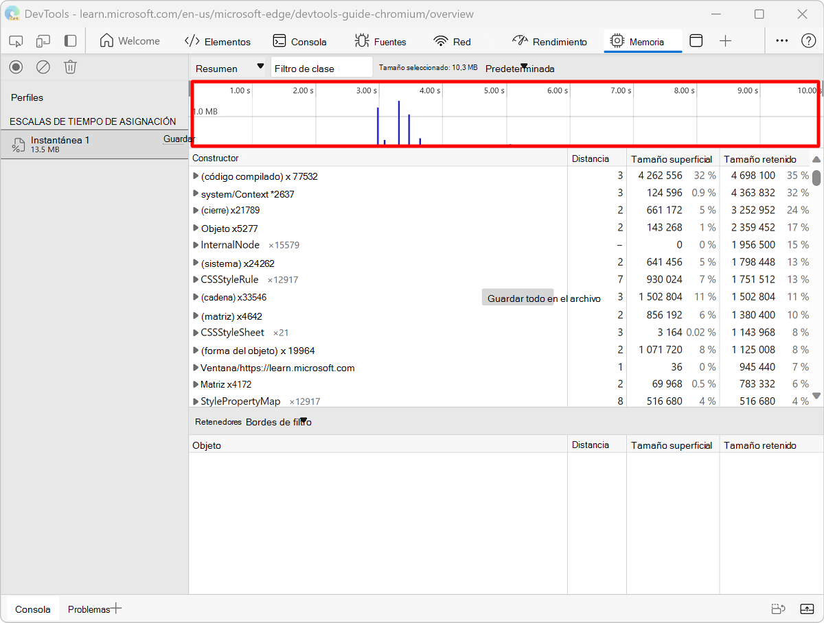 Instrumentación de asignación en la instantánea de escala de tiempo