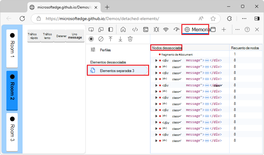 Lista de nodos desasociados en la columna Nodos desasociados del perfil de elementos desasociados generado