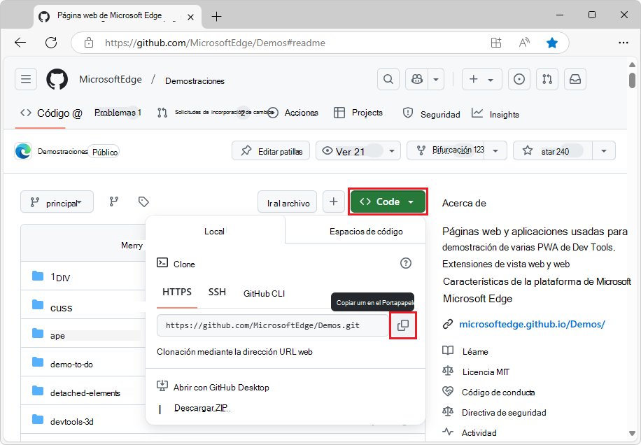 Botón Código del repositorio Demos para obtener la dirección URL web