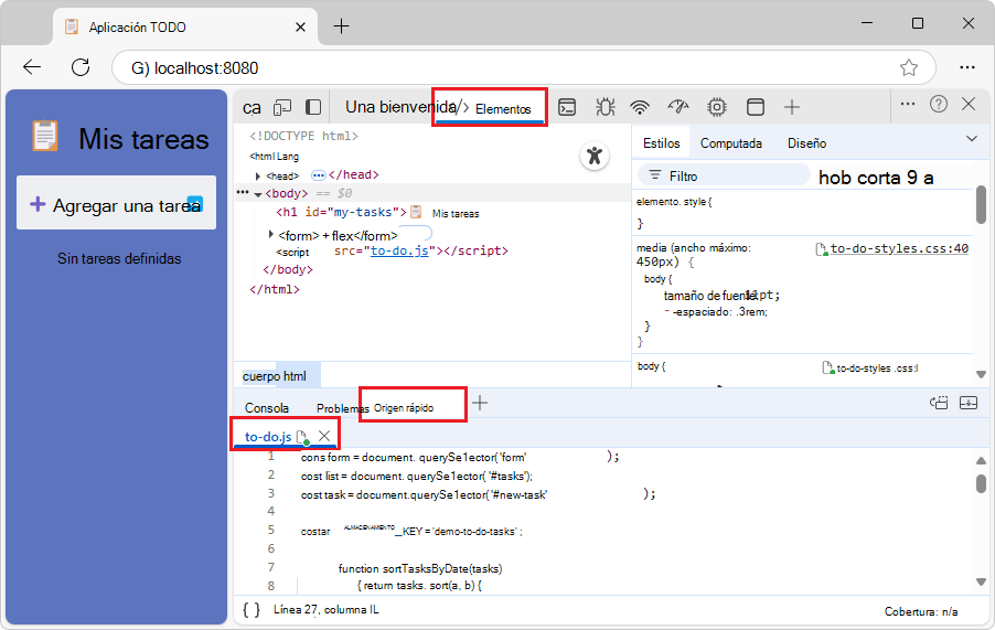 Herramienta de origen rápido, que contiene el archivo de .js abierto