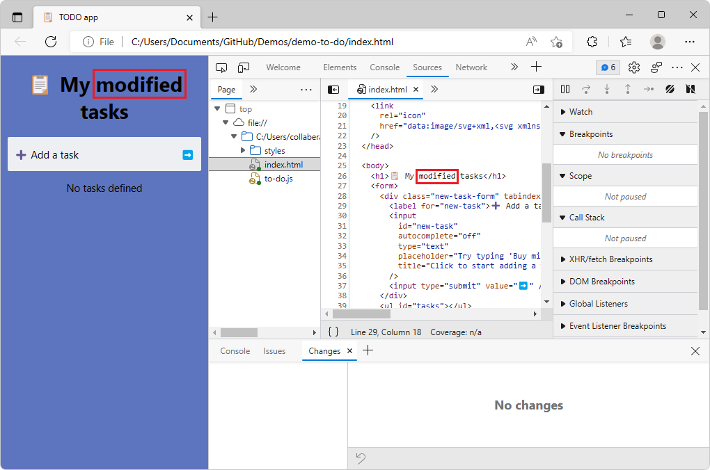 Página de demostración de tareas pendientes modificada después de guardar los cambios y actualizar