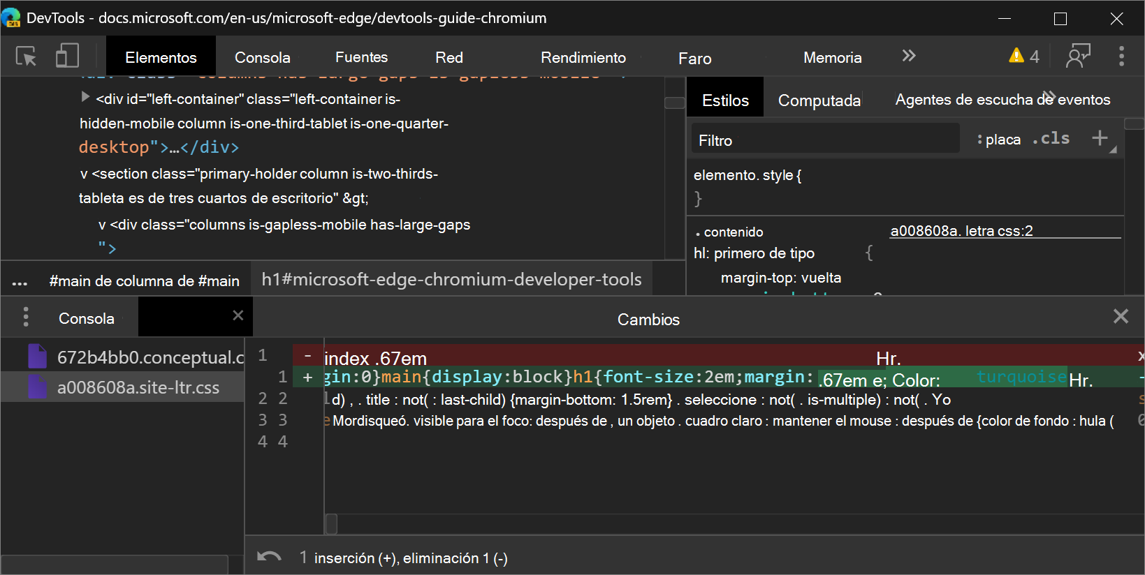 En Microsoft Edge 83, puede desplazarse horizontalmente con las teclas de dirección para mostrar el código minificado en la herramienta Cambios.