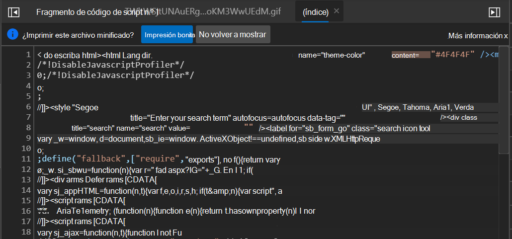 Barra de información para imprimir un archivo minificado en Microsoft Edge 83
