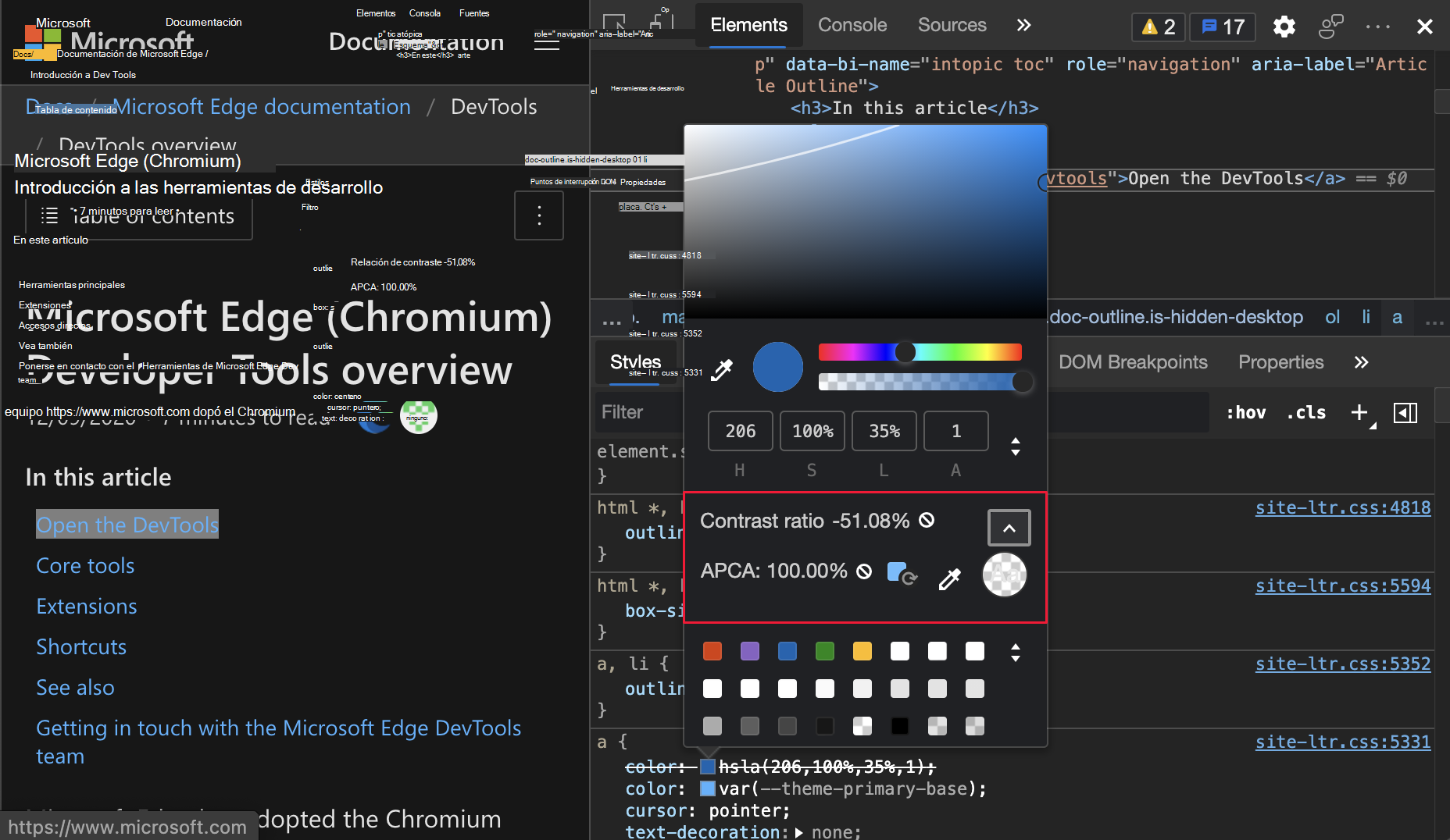 APCA en el selector de colores