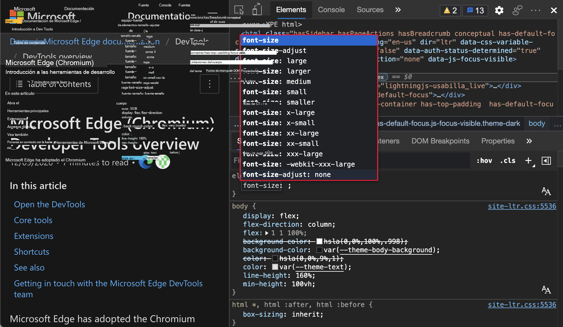 Sugerencia resaltada en el panel Estilos