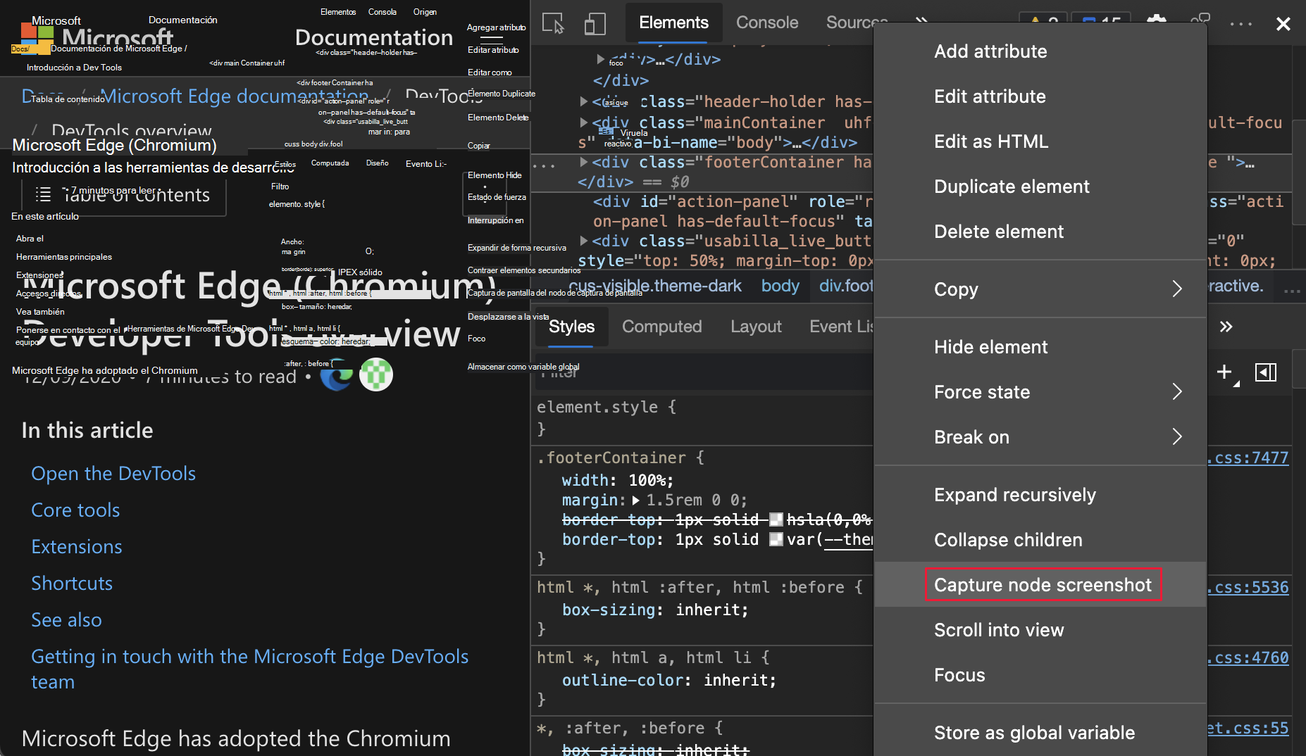Captura de pantalla del nodo de captura resaltada en el menú contextual de la herramienta Elementos