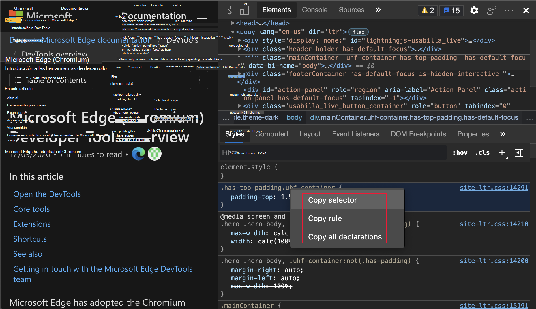 Opciones de copia de una clase CSS en el menú contextual