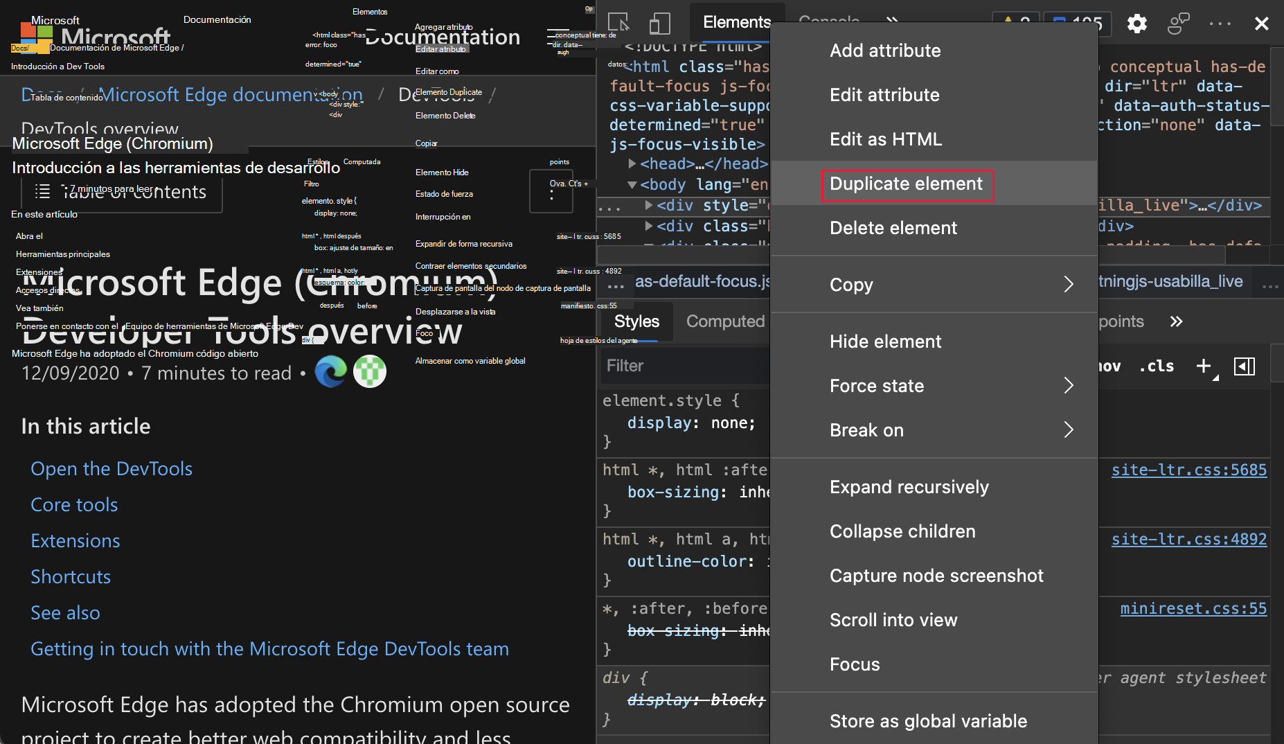 El elemento Duplicate se resalta en el menú contextual de un elemento de la herramienta Elementos.