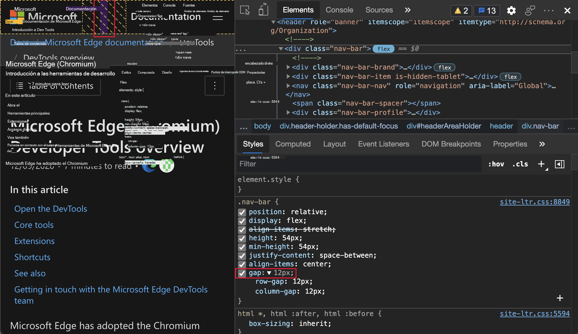 Espacio de Flexbox en las propiedades css y la página web resaltadas