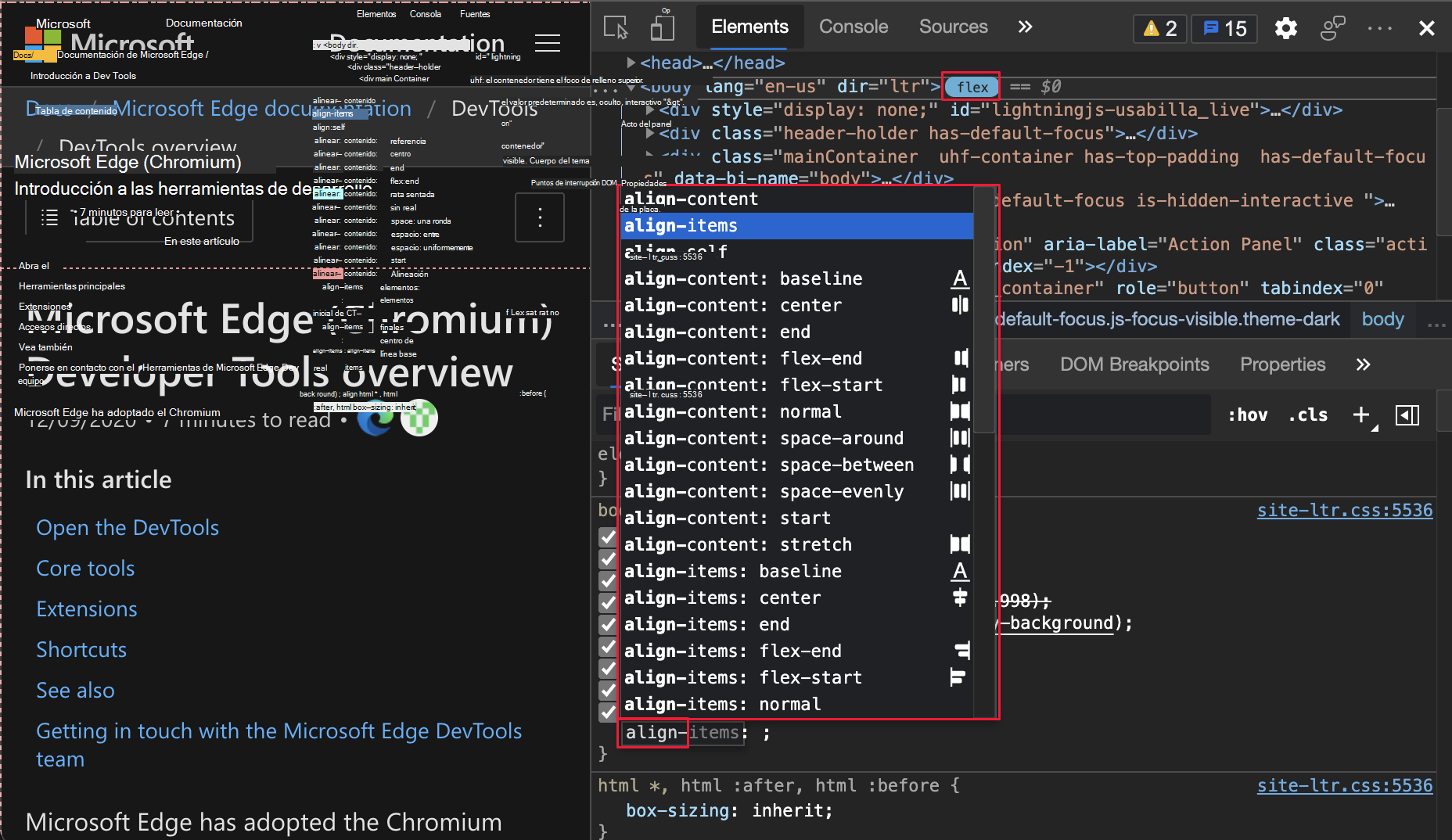 Menú Autocompletar resaltado para las propiedades CSS que comienzan por 