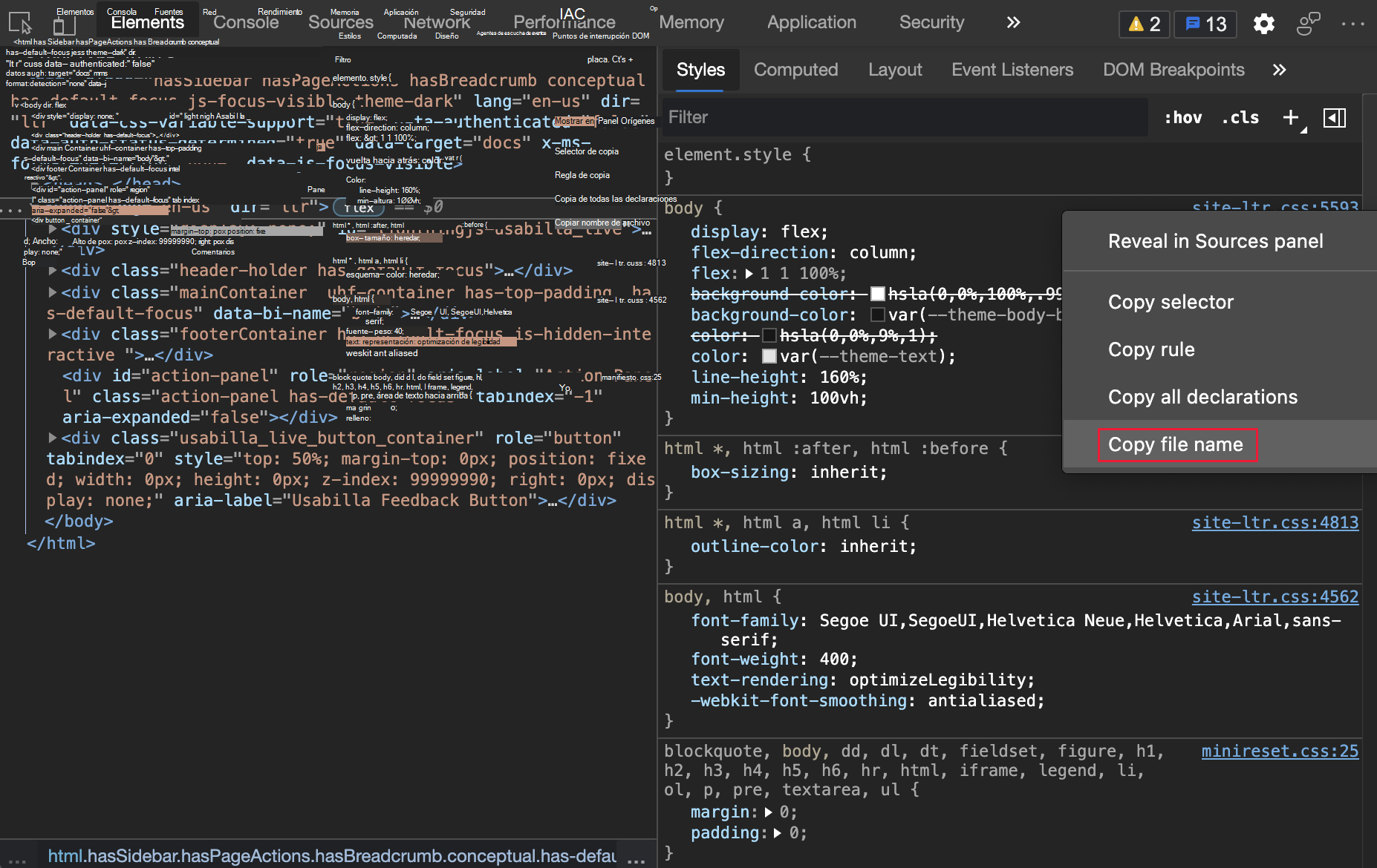 Copiar nombre de archivo en el panel Estilos