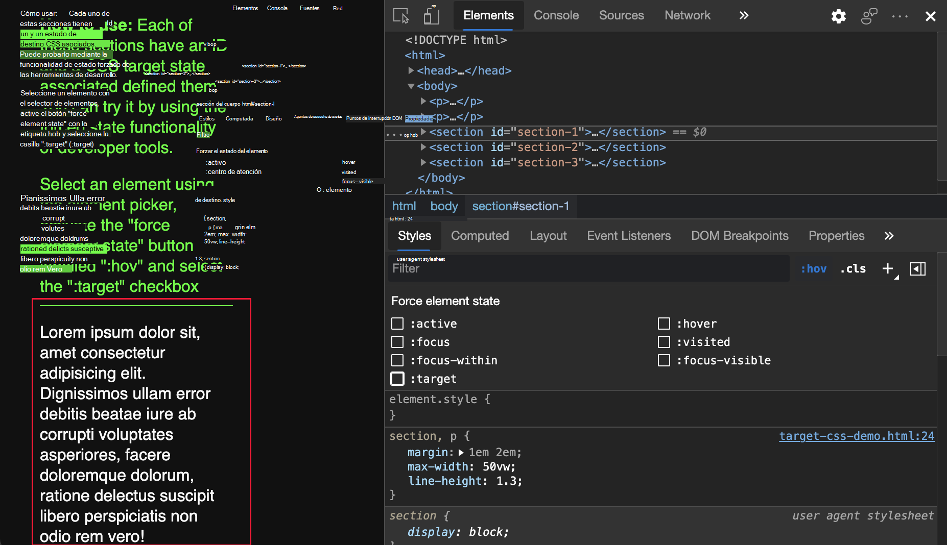 Página web resaltada sin CSS forzado