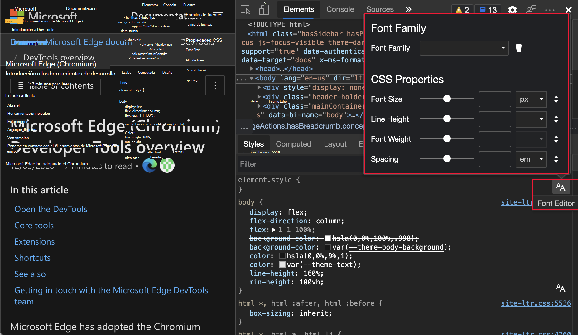 Editor de fuentes visual en el panel Estilos