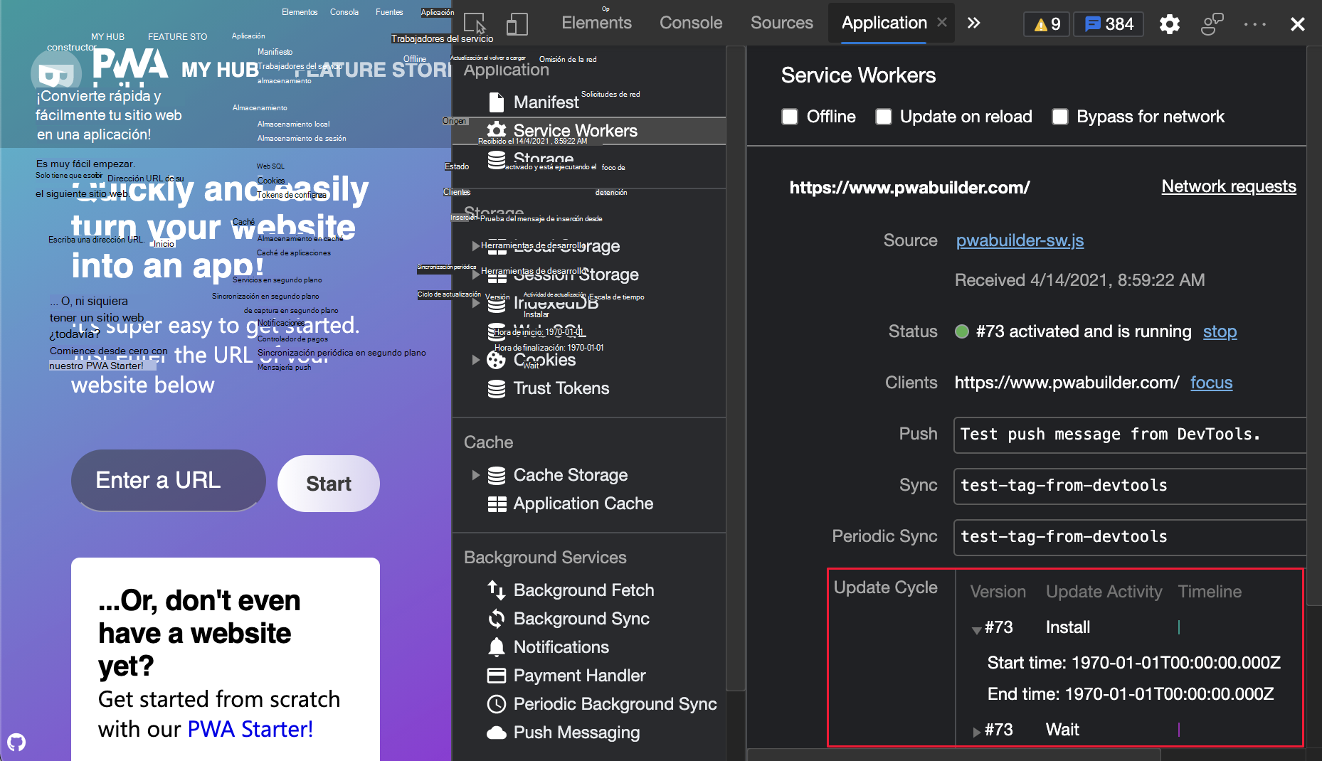 Visualización de la escala de tiempo en el ciclo de actualización del trabajo de servicio