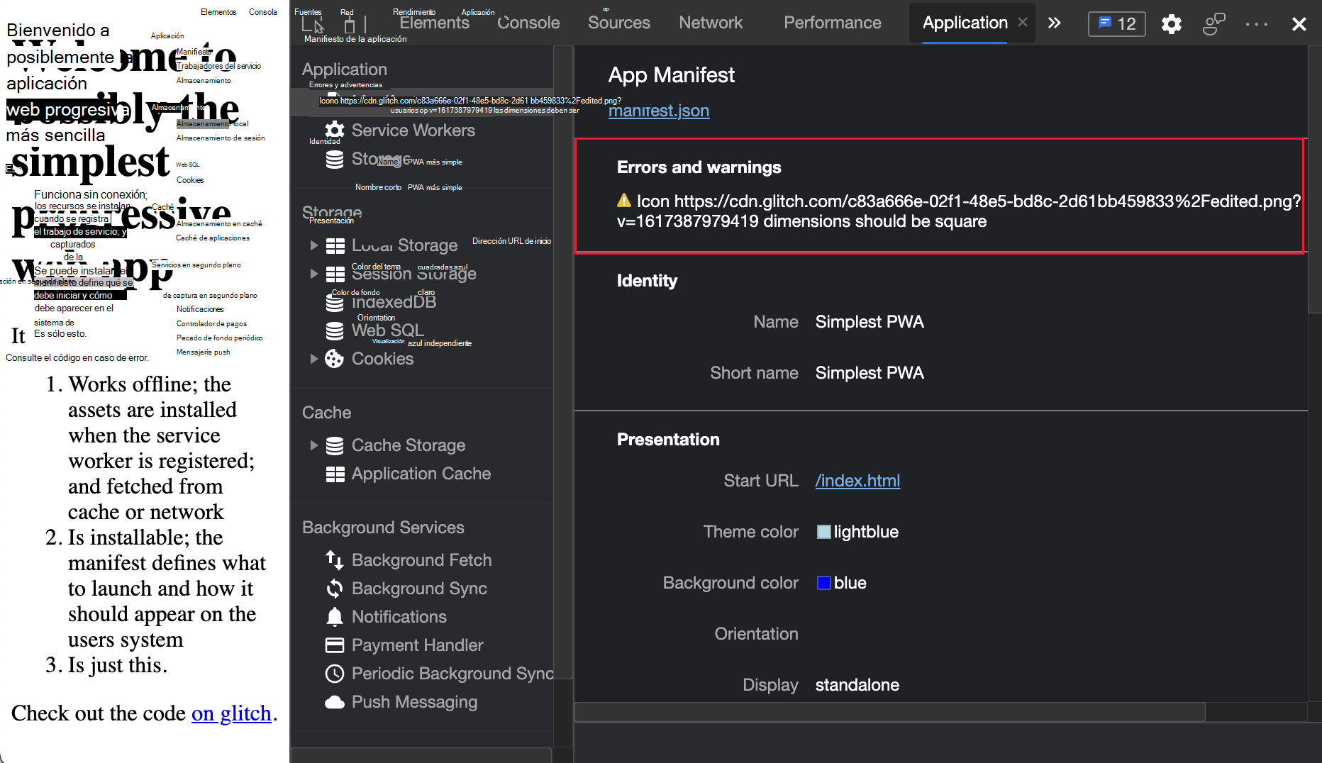 En microsoft Edge versión 90 o anterior, se muestra un error para cada icono que no es cuadrado