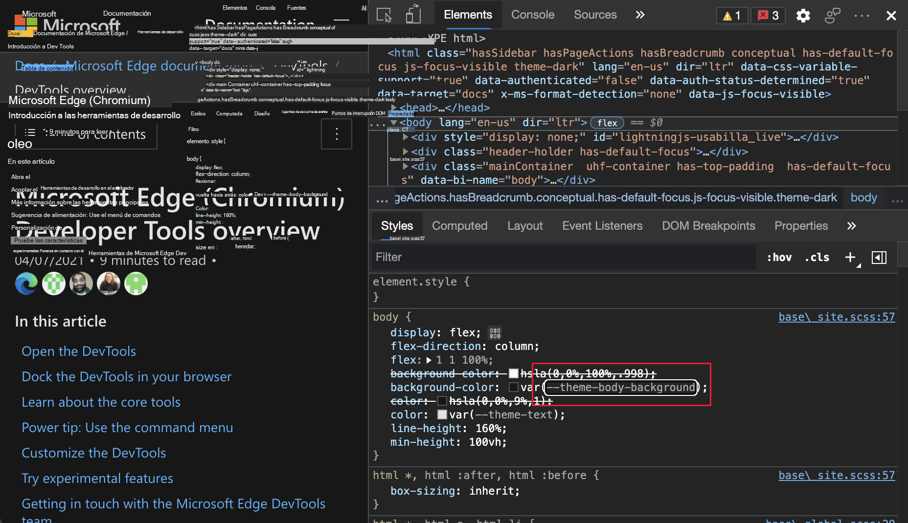 Variable CSS '--theme-body-background' resaltada en el panel Estilos