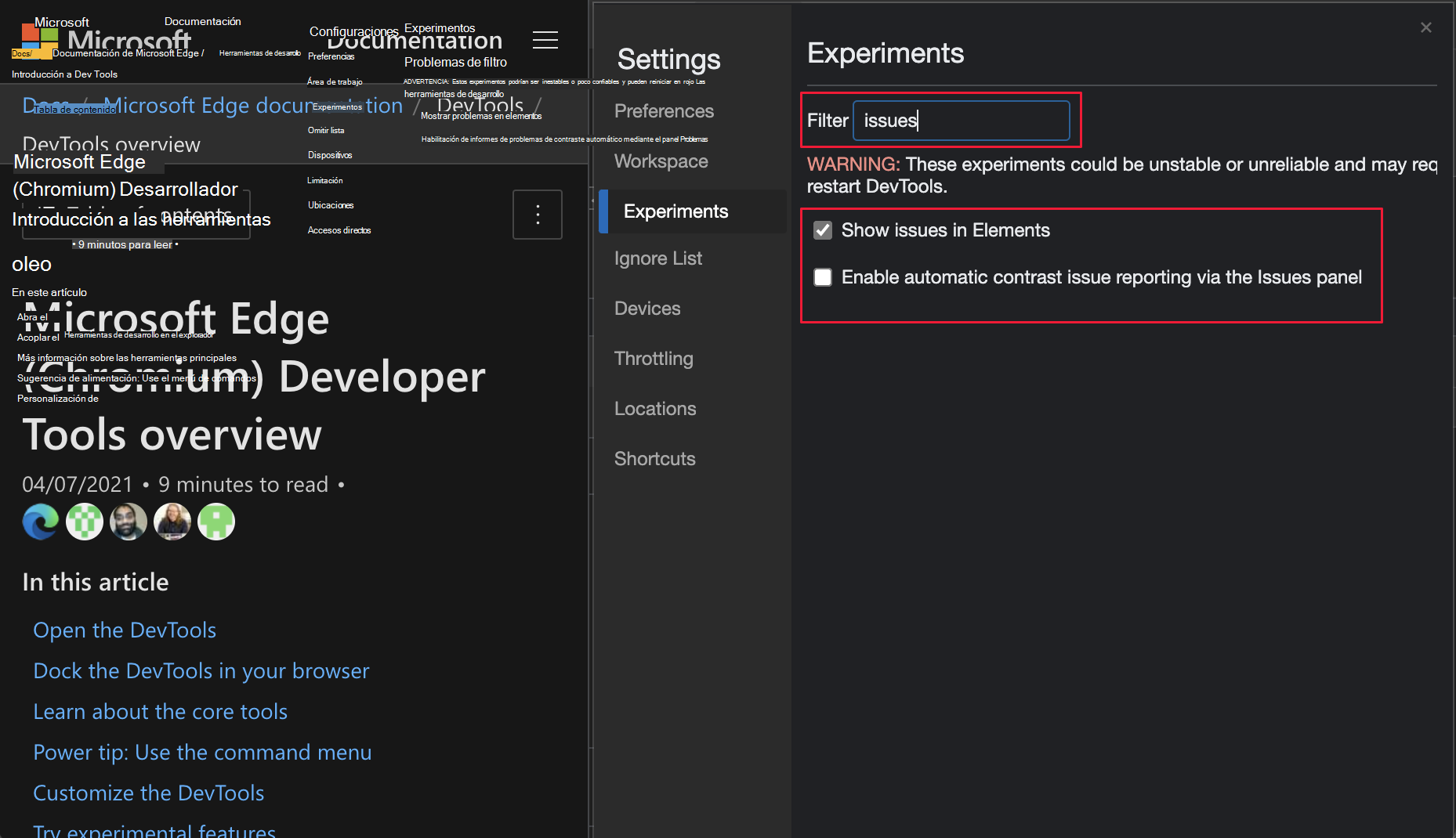 Filtrar experimentos en la configuración Experimentos