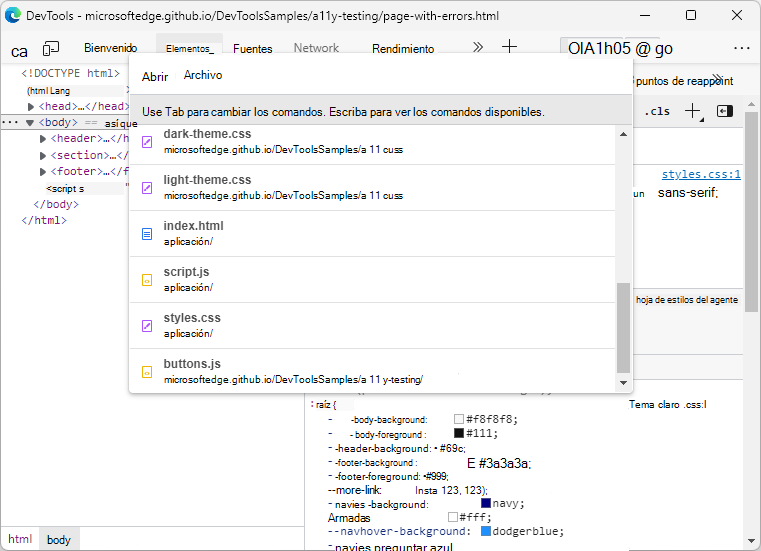 Menú comando que muestra los nombres de archivo en negrita con un icono que indica el tipo de archivo