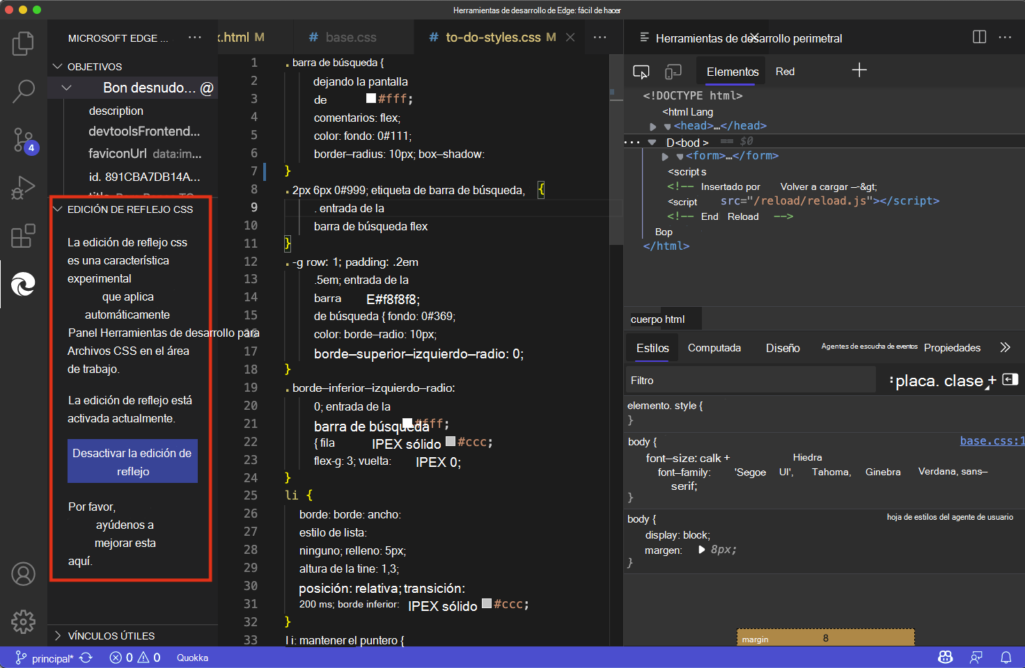 Los cambios en el editor de estilos CSS ahora se muestran en los archivos CSS dentro de Visual Studio Code