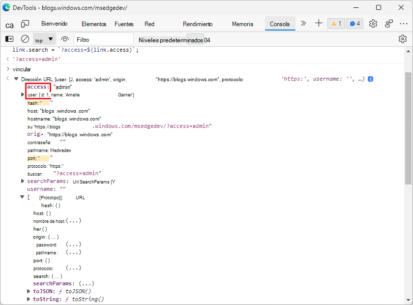 Las propiedades propias están en negrita y se ordenan primero