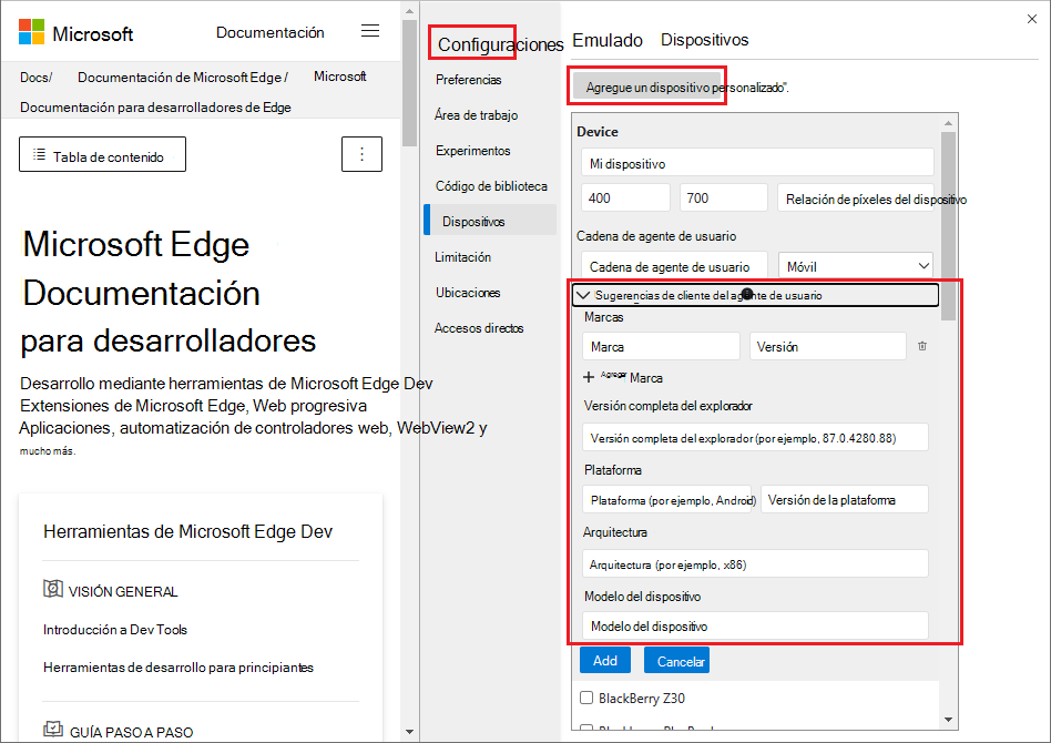 Configuración de > dispositivos > configuración User-Agent sugerencias de cliente