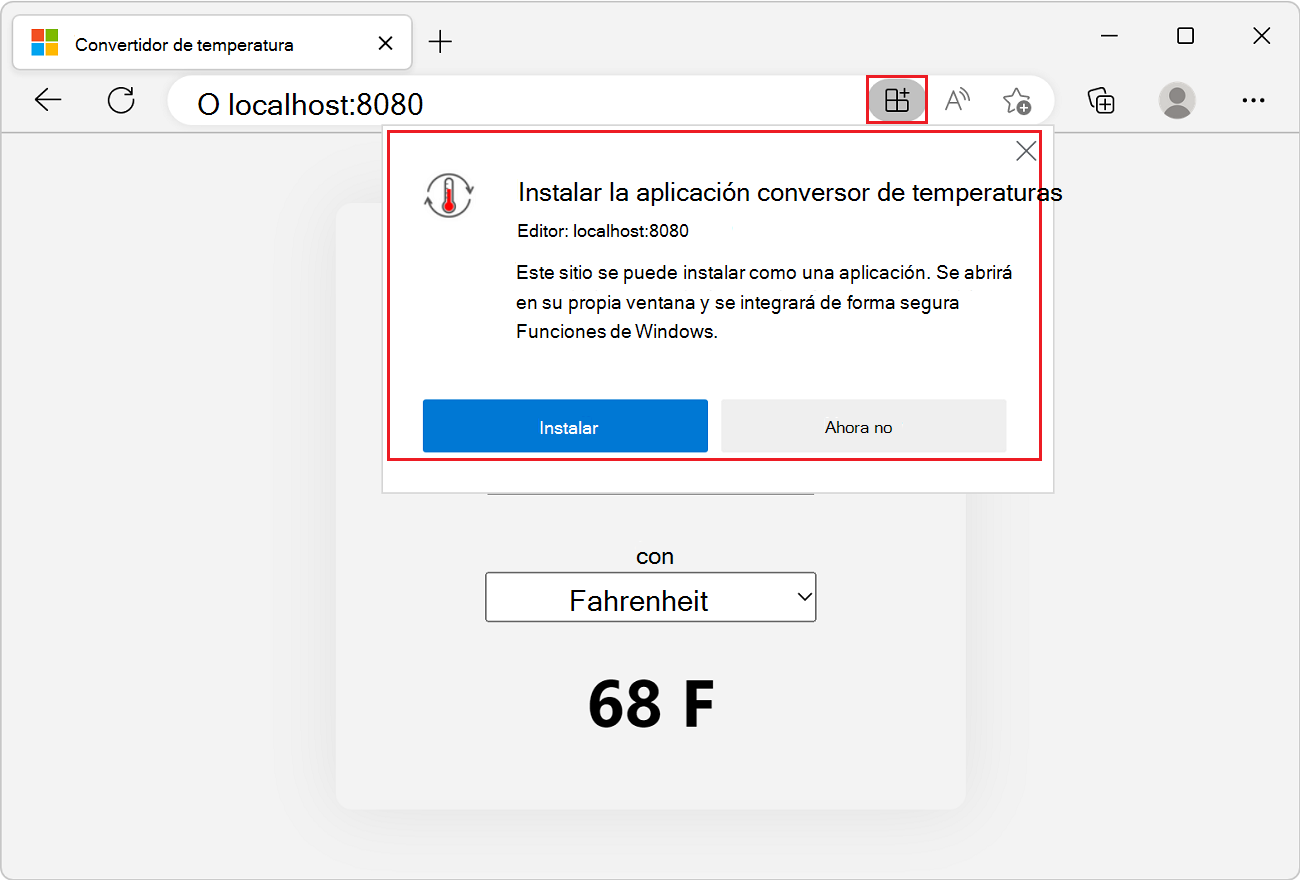 Microsoft Edge, con el PWA de ejemplo en una pestaña. Se ha hecho clic en el botón App available (Aplicación disponible) en la barra de direcciones y se muestra el símbolo del sistema de instalación.