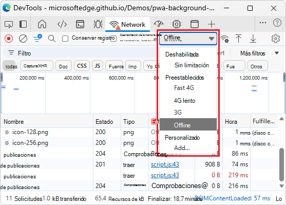 Limitación de red de DevTools: sin conexión