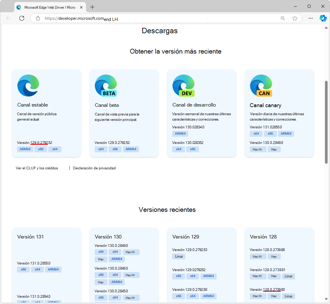 La sección Obtener la versión más reciente de la página web de Microsoft Edge WebDriver
