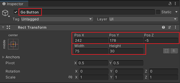 Se han actualizado las propiedades del botón Go en el inspector de Unity.