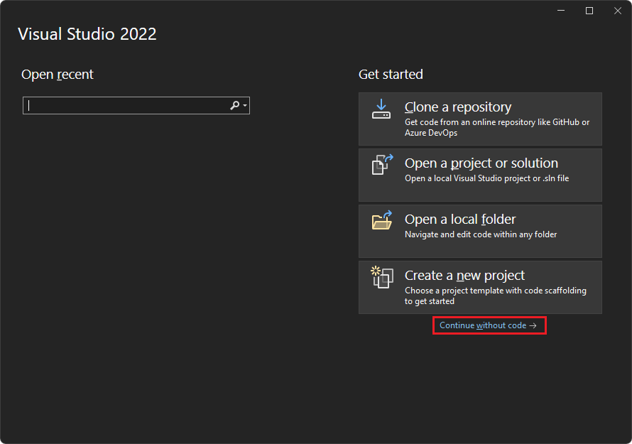 Ventana de opción de apertura de Visual Studio 2022