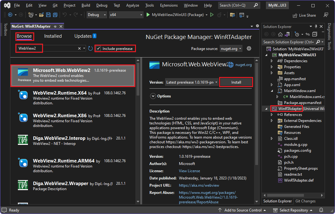 Administrador de paquetes NuGet, seleccionando el paquete del SDK de WebView2, para el proyecto WinRTAdapter (WinUI 3)