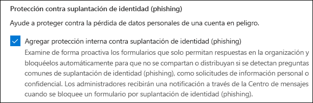 Configuración de administración de Microsoft Forms para la protección contra la suplantación de identidad (phishing)