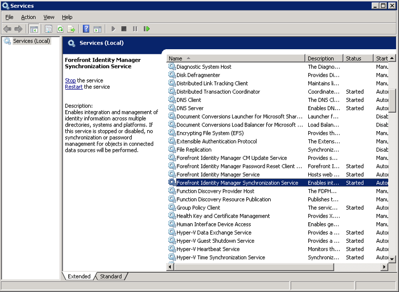 Captura de pantalla de la consola de servicios que muestra el servicio de sincronización de Forefront Identity Manager.