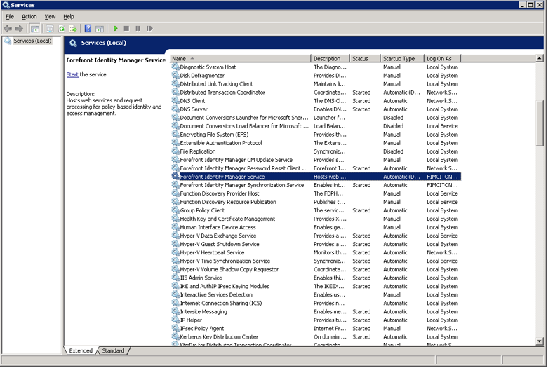 Captura de pantalla de la consola de servicios que muestra Forefront Identity Manager Service.